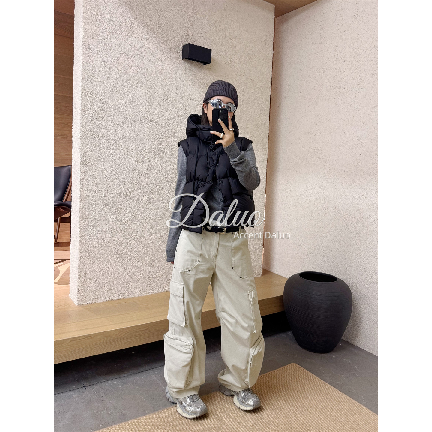 大罗Daluo 帅气雅痞重工立体口袋松紧腰宽松阔腿工装裤女休闲长裤