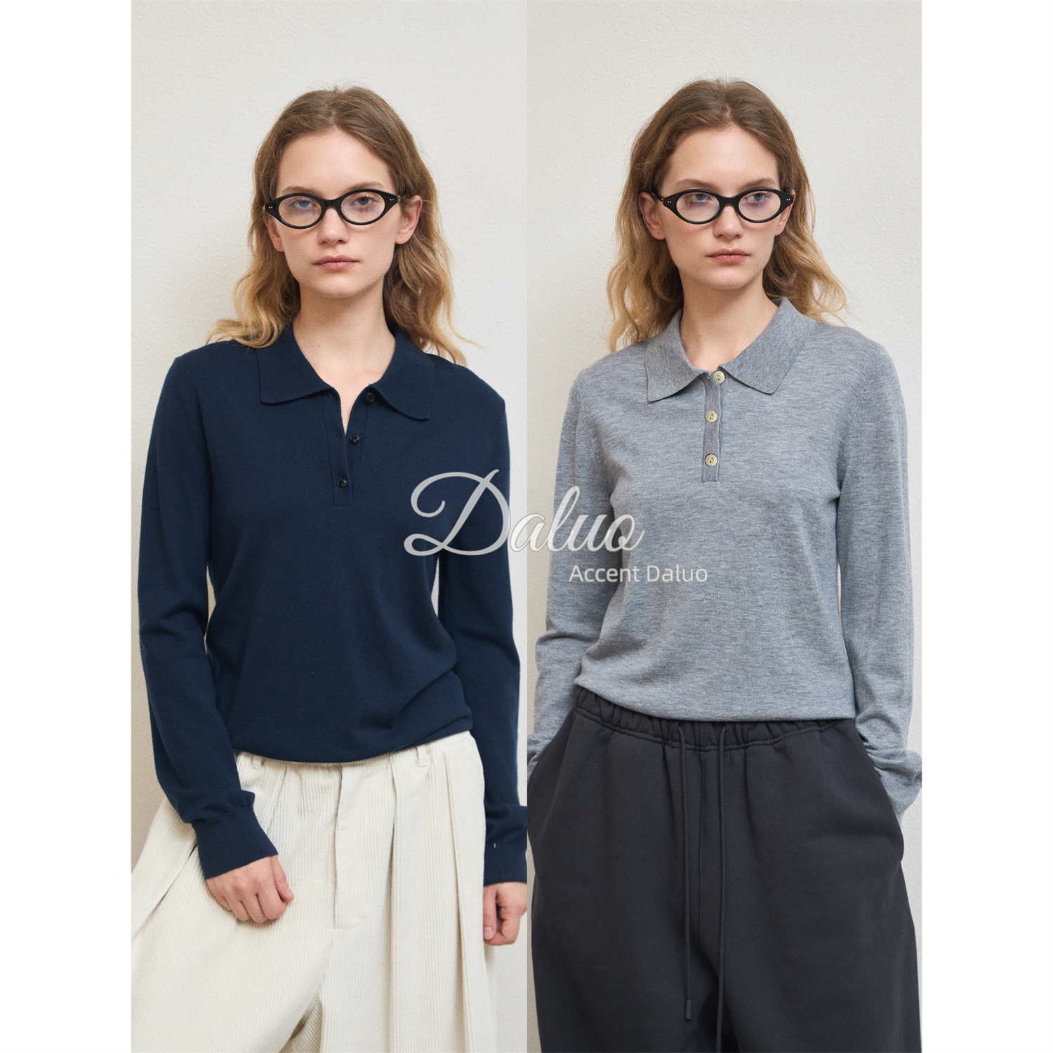 ACCENT DALUO miu里miu气 精致百搭亲肤羊毛混纺长袖针织POLO衫女