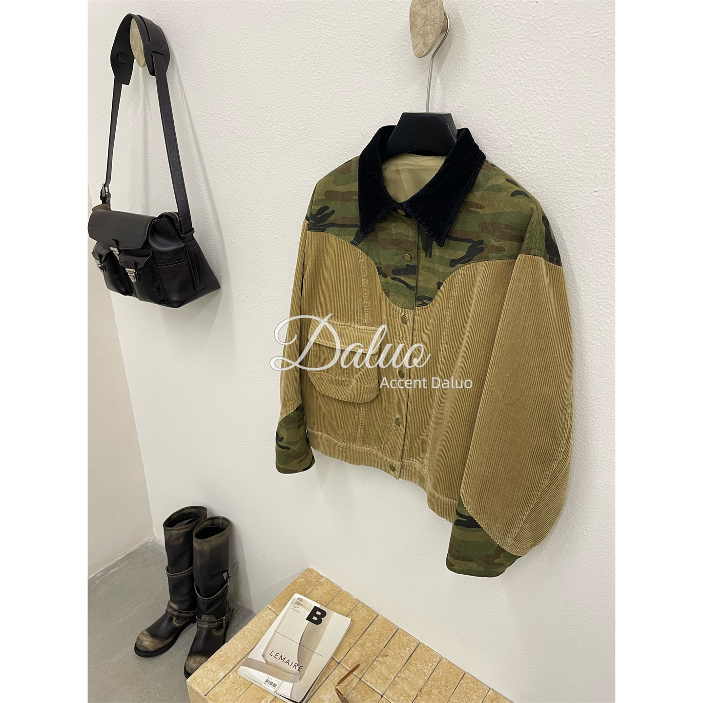 大罗Daluo25早秋新款 复古灯芯绒拼接撞色迷彩帅气翻领短夹克外套