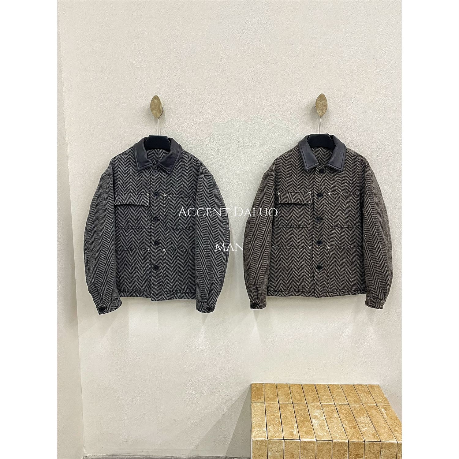 ACCENT DALUO  重磅全羊毛人字纹粗花呢廓形翻领鹅绒服短夹克外套