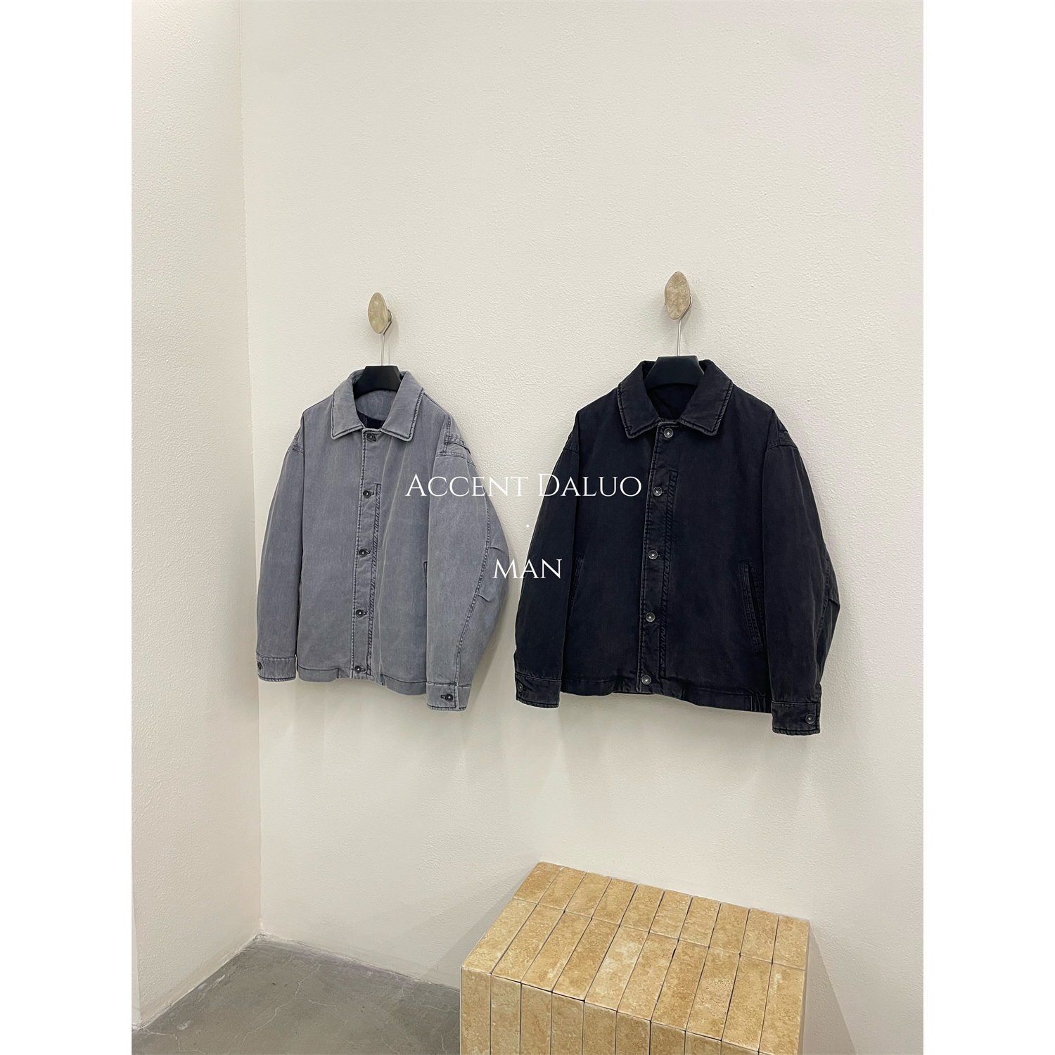 ACCENT DALUO帅气无性别重工水洗做旧复古廓形牛仔夹克羽绒服外套