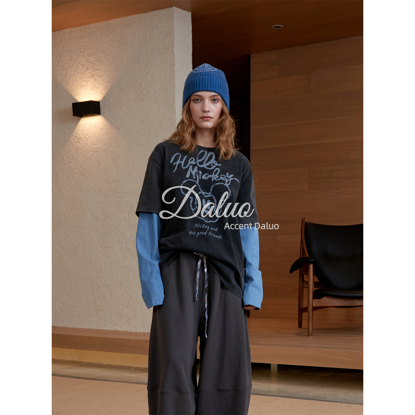 大罗Daluo25秋新款美式复古水洗纯棉撞色假两件早秋长袖上衣T恤女