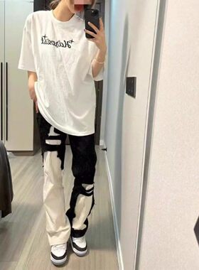 黑白拼接工装牛仔裤男美式vibe微喇裤潮牌双色鸳鸯裤