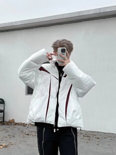 冬季潮牌美式高街羽绒服立领男女保暖外套不规则拼色小众设计棉衣