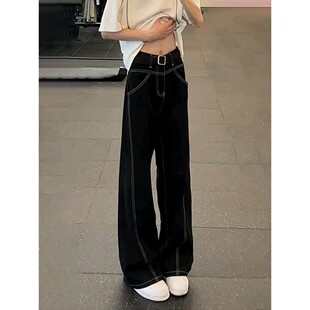 黑色弯刀牛仔裤男款秋季明线斜切裤子美式高街痞帅高级感微喇长裤