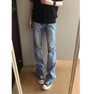 蓝色百搭牛仔裤男款夏薄款美式修身裤子青少年显瘦提档直筒微喇裤