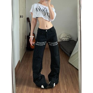 黑色波点印花牛仔裤裤子女款2026夏季新款修身百搭显瘦直筒长裤