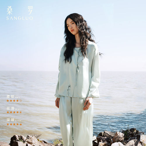 中式刺绣100%桑蚕丝真丝睡衣套装