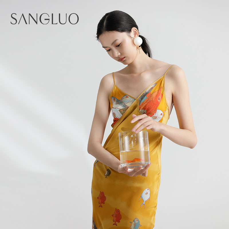 桑罗鱼跃龙门重磅真丝睡裙afterparty新年派对睡衣性感吊带礼服裙