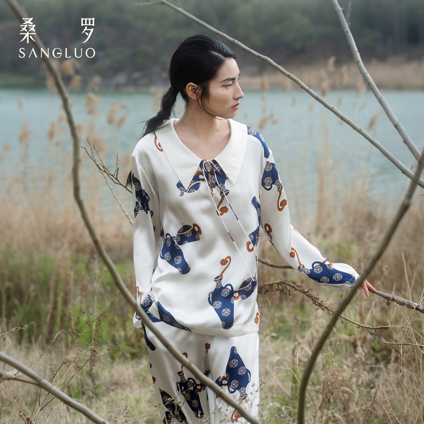 桑罗巴黎走秀如意真丝睡衣100%桑蚕丝长袖套装外穿家居服女礼物图片