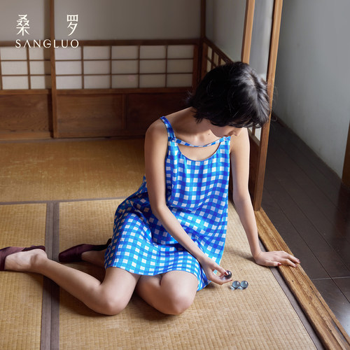 100%桑蚕丝蓝白格纹真丝短裙