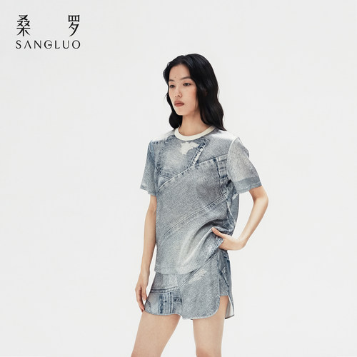 牛仔印花100%桑蚕丝短袖短裤套装