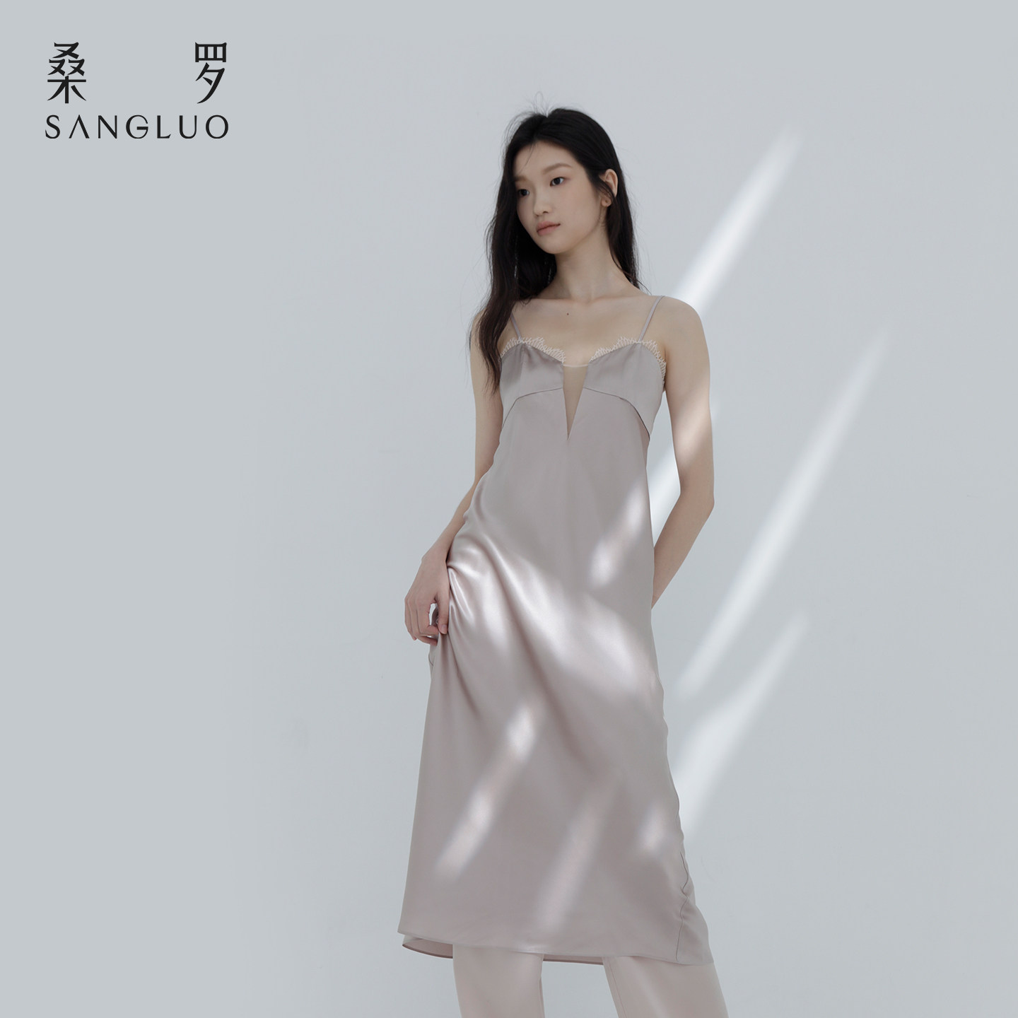 朦胧美』桑罗重磅真丝吊带睡裙乔其拼接桑蚕丝礼服裙派对连衣裙