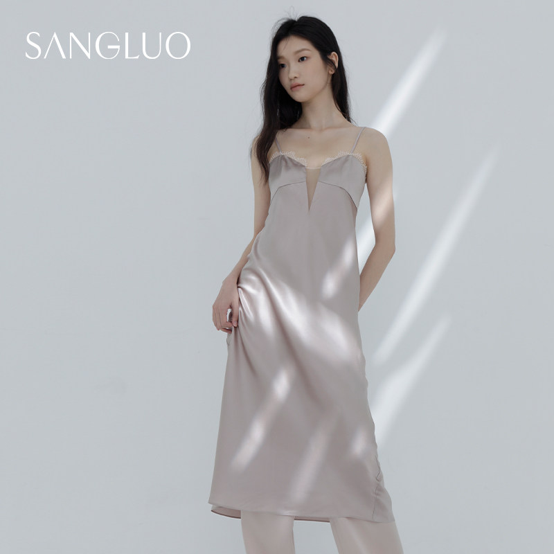 桑罗重磅真丝吊带睡裙长乔其拼接桑蚕丝afterparty礼服裙派对睡衣