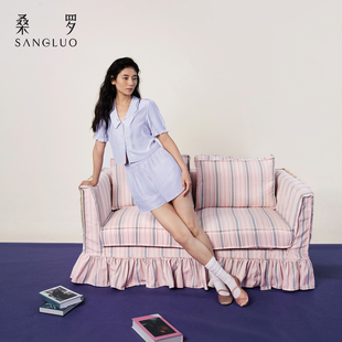 V领 家居服套装 桑罗泡泡袖 短裤 真丝睡衣100%桑蚕丝女士短袖 法式