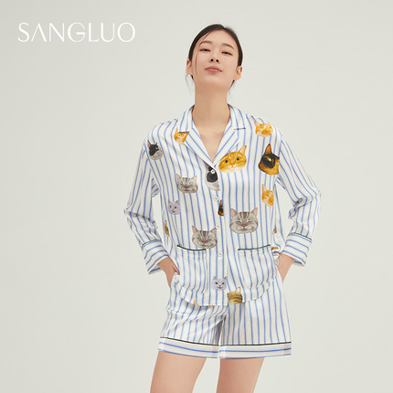 SANGLUO真丝睡衣套装短袖短裤UNISEX情侣款喵星人蚕丝家居服