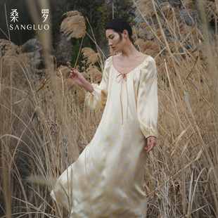 度假长裙 桑罗真丝连衣裙100%桑蚕丝印花V领可外穿套头睡衣女夏