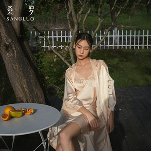 聂九罗同款 桑罗重磅真丝系带真丝睡袍100%桑蚕丝女家居服可外穿