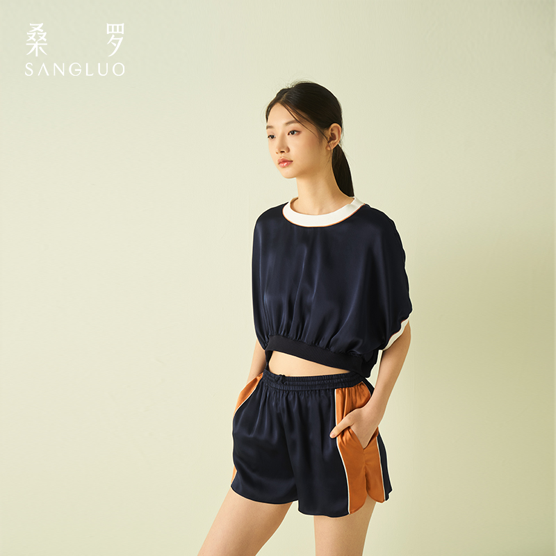 轻运动』桑罗藏青色超短撞色真丝睡衣套装可盐可甜两件套女可外穿