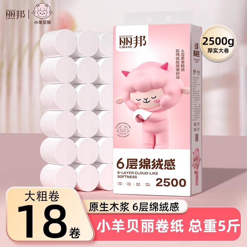丽邦6层卷纸18卷5斤卫生纸家用实惠装厕纸手纸无芯卷筒纸厕所纸巾
