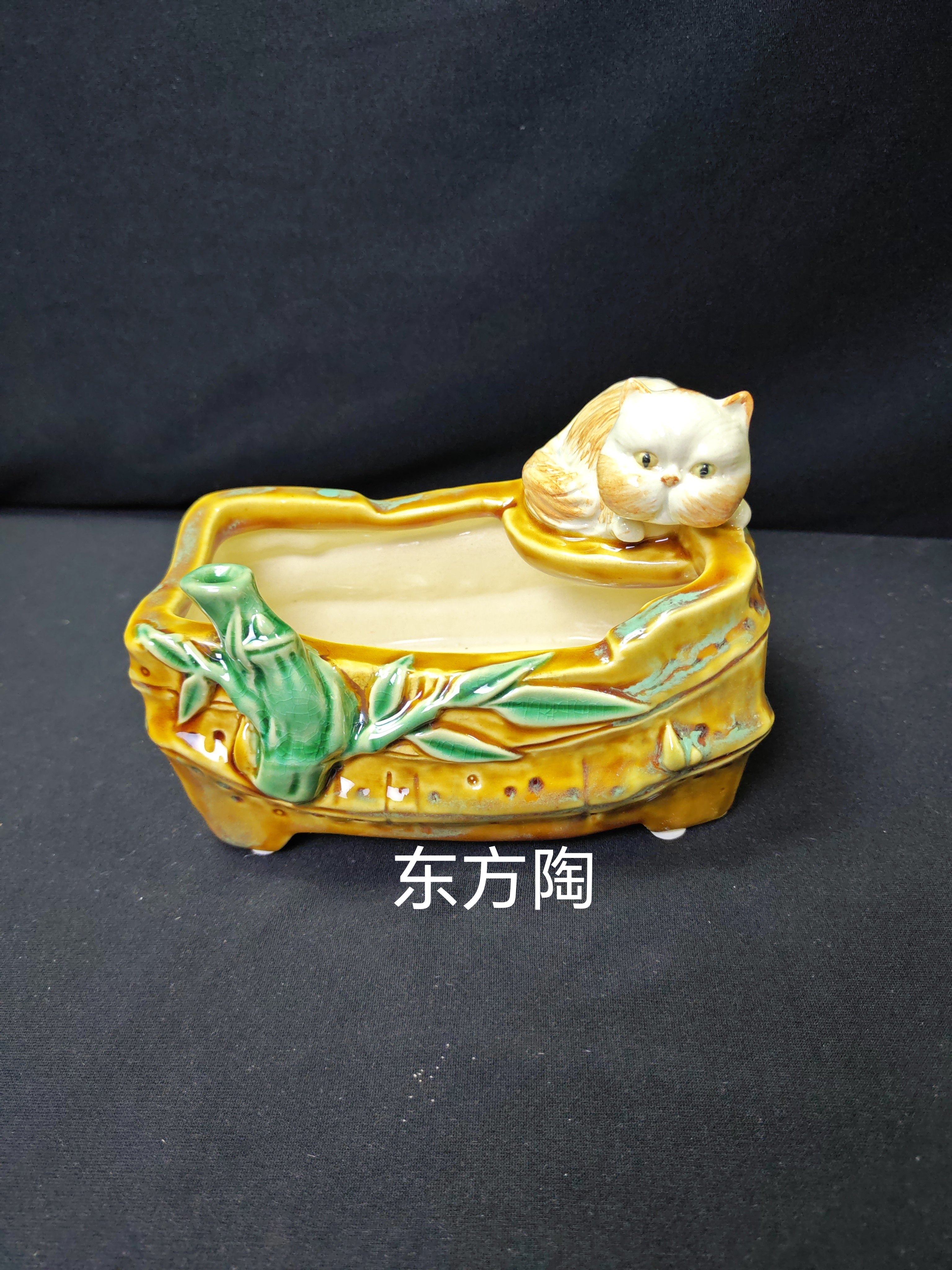 富足猫花盆石湾公仔家居装饰摆件陶瓷工艺品石湾公仔送礼