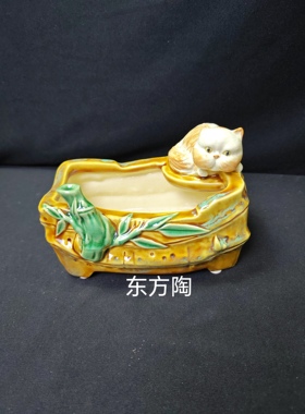 富足猫花盆石湾公仔家居装饰摆件陶瓷工艺品石湾公仔送礼