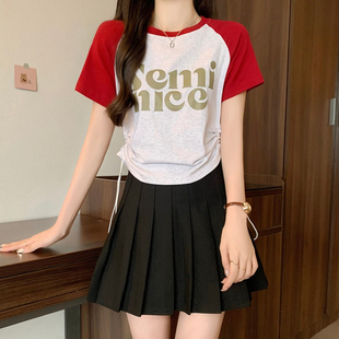 少女夏季学院风套装2026新款初中生插肩短袖t恤高腰百褶裙两件套