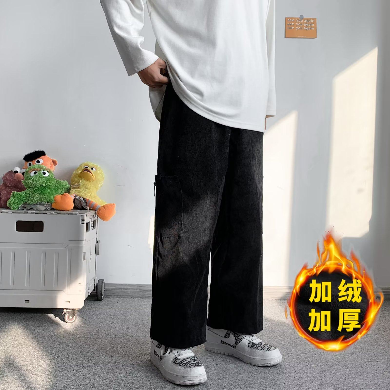 冬港风男士青少年宽松休闲长裤个性束脚拼接裤灯芯绒裤绒图片