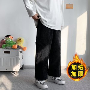 冬港风男士青少年宽松休闲长裤个性束脚拼接裤灯芯绒裤绒图片