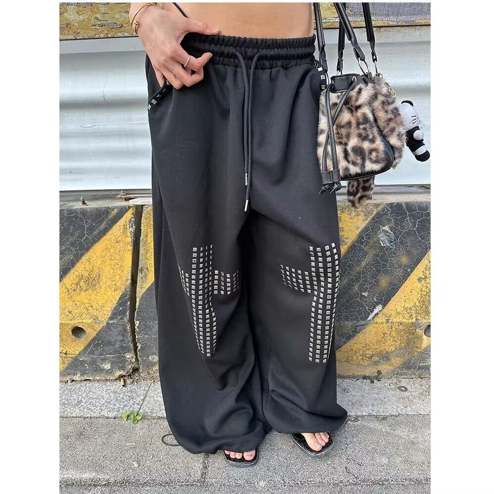 美式复古黑色铆钉烫钻工装休闲裤女高街宽松垂感阔腿裤子K8114P55，女装休闲裤，星座1013-2