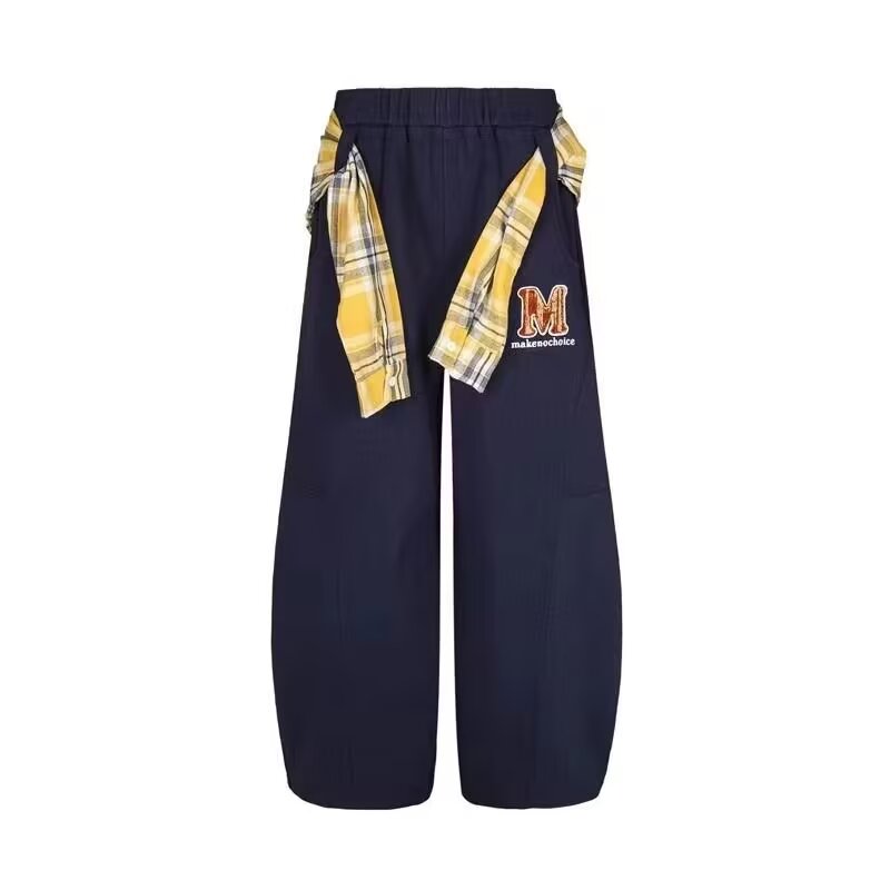 春秋女宽松潮流直筒裤藏青休闲裤女带围裙拼接透气长裤K8076P55，女装休闲裤，星座1013-2