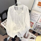 薄款镂空针织衫美式复古慵懒风宽松休闲情侣小V领长袖上衣W619P45，女装针织衫/毛衣，星座1013-2