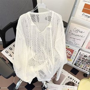 薄款镂空针织衫美式复古慵懒风宽松休闲情侣小V领长袖上衣W619P45,女装针织衫/毛衣,星座1013-2