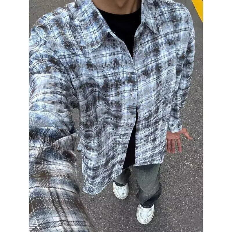 复古破坏毛边晕染长袖纽扣开衫格纹衬衫男宽松衬衣CS83P40，男装衬衫，星座1013-2