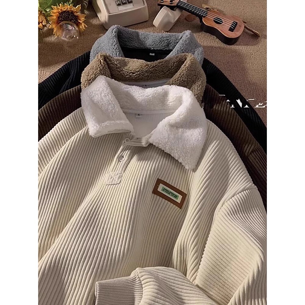 灯芯绒卫衣男加绒加厚秋冬chic港风保暖polo领上衣宽松W3041P45，男装卫衣，星座1013-2