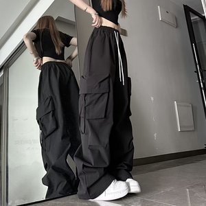 美式工装拖地休闲裤女夏季薄款高腰直筒裤子宽松阔腿长裤K798P45