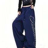 美式复古街头烫钻哥特字母卫裤秋季女宽松直筒休闲阔腿裤K8115P55，女装休闲裤，星座1013-2