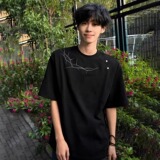 美式荆棘刺绣短袖T恤男夏季灰色拼接设计感重磅正肩上衣T802P28，男装T恤，星座1013-2