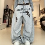 美式复古休闲裤女春秋季款宽松显瘦百搭直筒阔腿运动裤潮K8116P48，男装休闲裤，星座1013-2