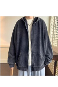 潮流水洗拉链做旧连帽卫衣拉链插袋外套宽松廓上衣日系百搭W35P65图片
