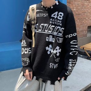 秋季男士青少年港风机车毛衣宽松外套破洞中长款针织衫潮M11P55,黑色毛衣外套怎么搭配图片