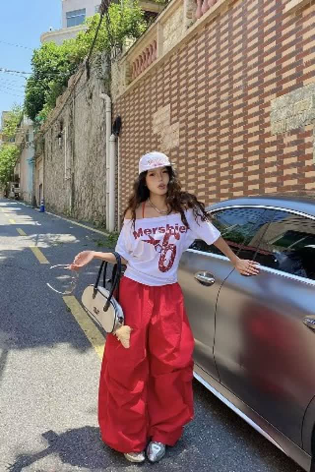 复古阔腿休闲裤女男夏日慵懒松弛感褶皱伞兵裤垂感拖地裤K8038P45图片