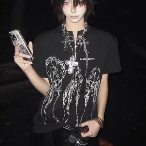 美式黑色正肩短袖t恤男女夏季新款半拉链情侣半袖上衣T875P33，男装T恤，星座1013-2