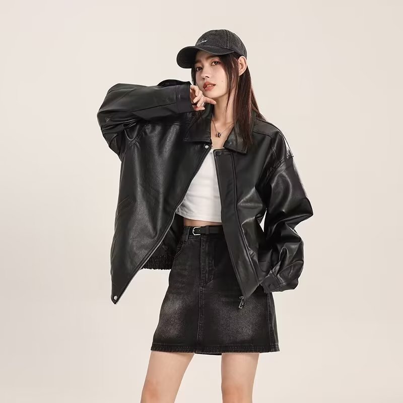 高级感皮衣外套女宽松美式复古机车风翻领PU皮夹克春秋 PY56P80图片