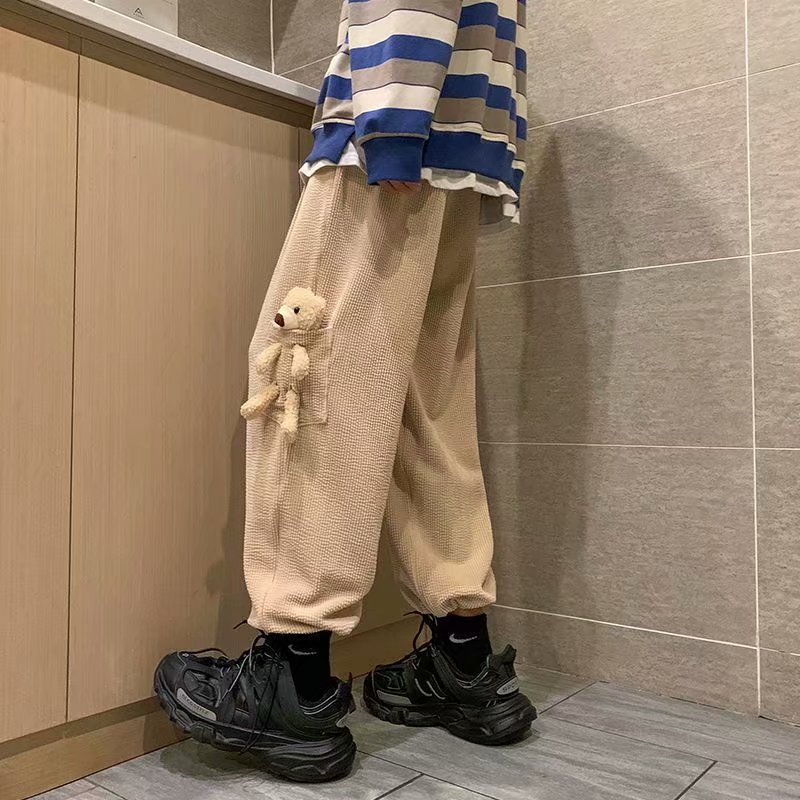 Spring Hong Kong Style Men's youth loose fitting casual pants, little bear corset corduroy Harem Pants fashion