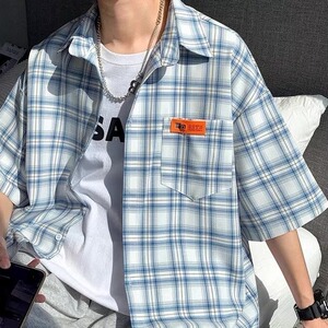 短袖衬衫男高级感夏季薄款潮流日系风男装外套格子衬衣C453P38图片