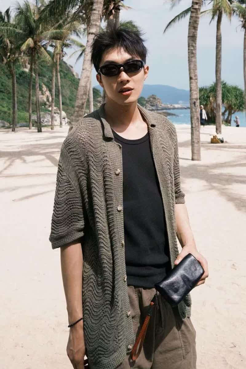 美式复古老钱风古巴领衬衫男夏薄款潮流高级感镂空针织衬衣C04P45,男装衬衫,星座1013-2
