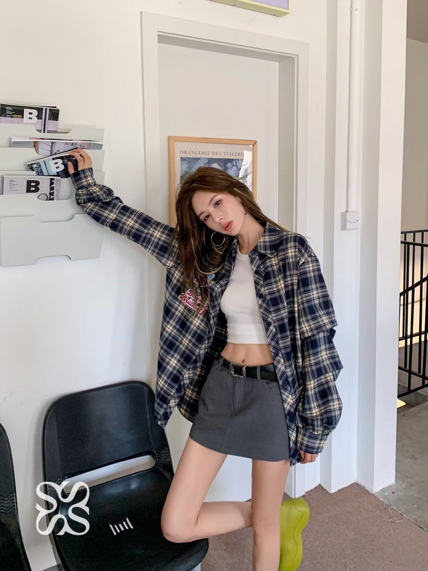 春款港风青少年男装大格子宽松男士长袖衬衫时尚印花衬衣C38P48，男装衬衫，星座1013-2