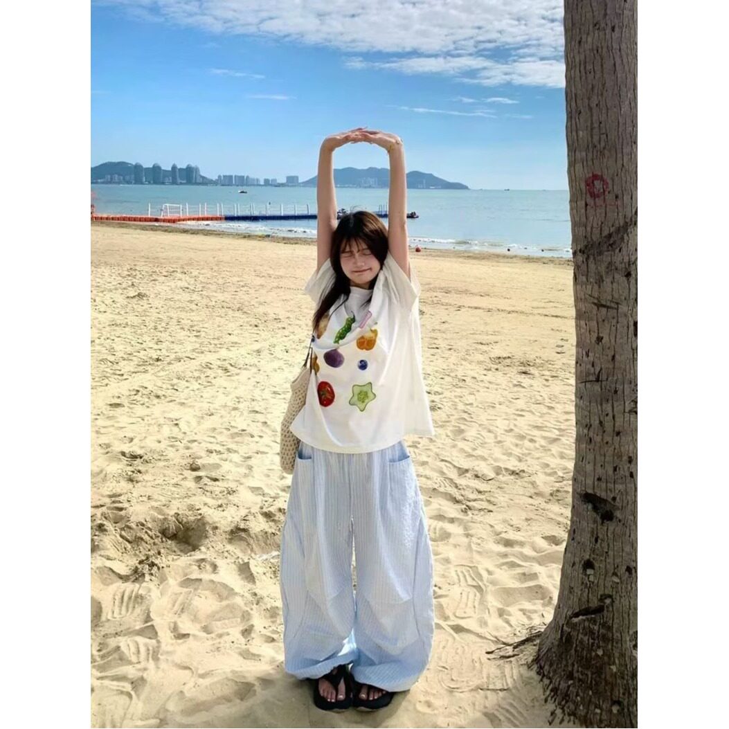 蓝色条纹阔腿裤女夏天褶皱松紧腰显瘦慵懒宽松直筒休闲裤K8128P55,女装休闲裤,星座1013-3