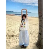 蓝色条纹阔腿裤女夏天褶皱松紧腰显瘦慵懒宽松直筒休闲裤K8128P55，女装休闲裤，星座1013-3